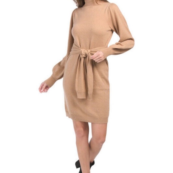 Magaschoni Dresses & Skirts - Magaschoni Tan Cashmere Mock Neck Tie Front Sweater Dress